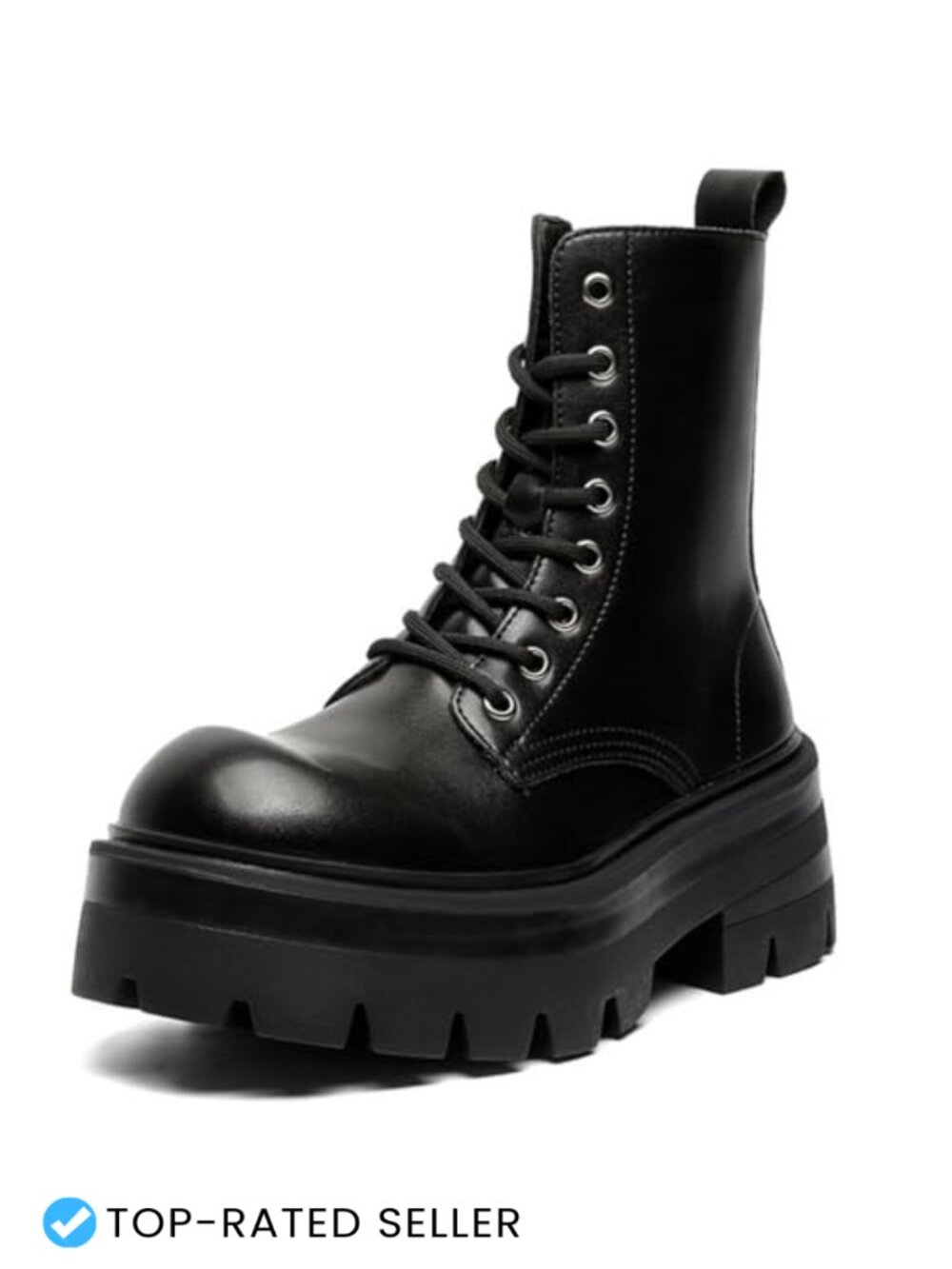 Black Leather Chunky Platform Combat Boots Side Zipper Lug Sole Ankle Boots